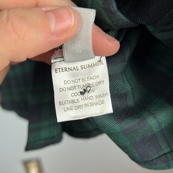 Eternal Summer blue & green plaid long sleeve button down tie neck top medium - Picture 4 of 7